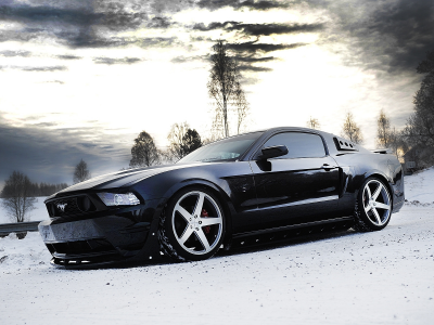 форд, mustang, мустанг, snow, winter, Ford, вид сбоку, black, wheels