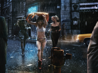 дождь, Девушки, улица, радость, зонты, плащи, мужчины