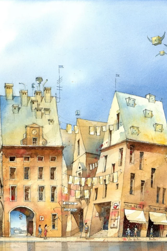 люди, Арт, полёт, рисунок, арки, tytus brzozowski, дома, здания