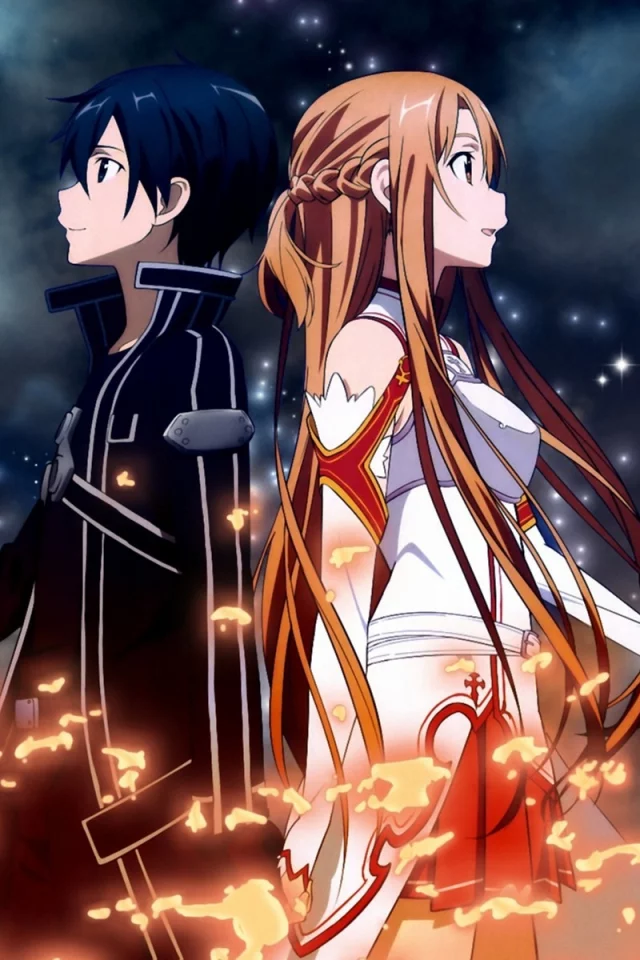 kirito, парень, ночь, девушка, оружие, sword art online, меч, Asuna