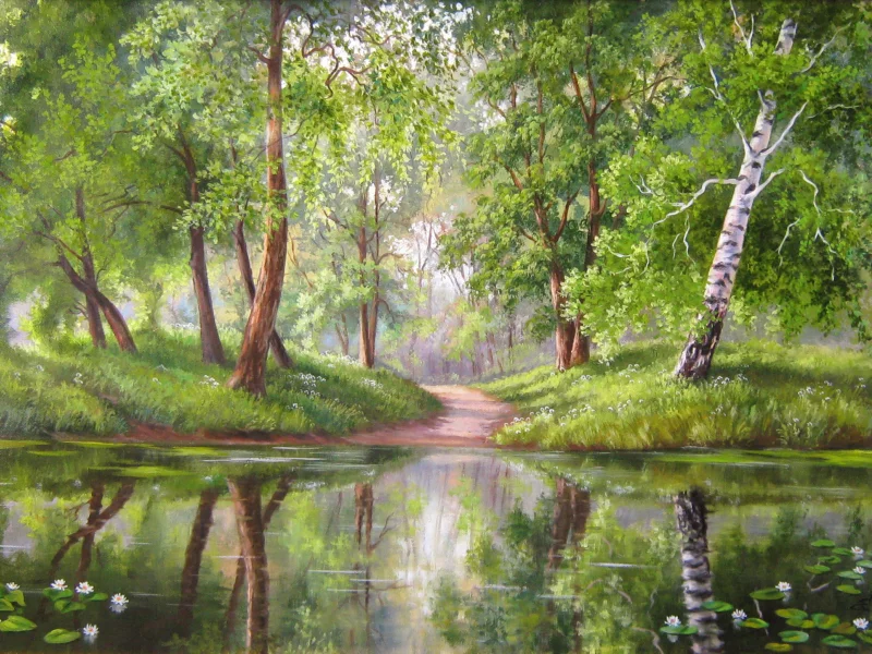 живопись, елена самарская, Лесное зеркало, природа