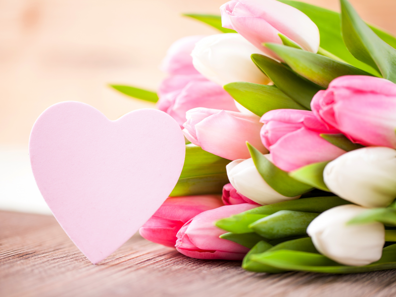 букет, Тюльпаны, сердечко, белые, сердце, цветы, розовые