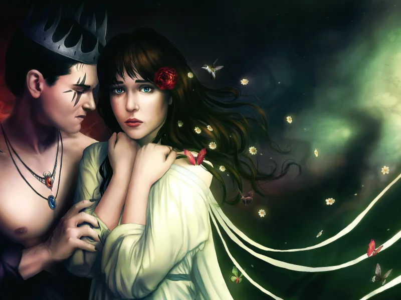 корона, девушка, Арт, аид, демон, парень, persephone , колибри