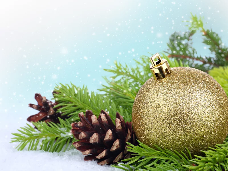 Шар, шишки, christmas, шарик, new year, золотой, елка, ветка