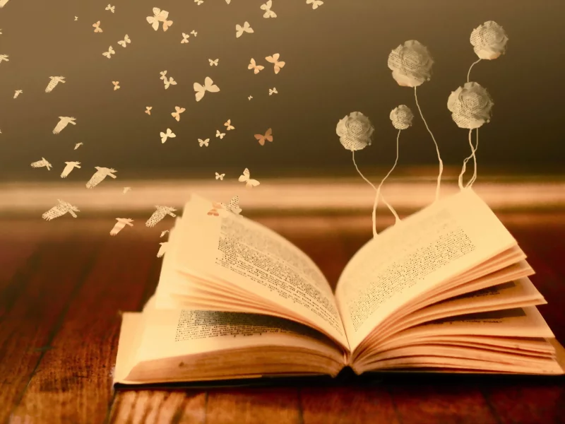 Книга, цветы, бабочки, птицы