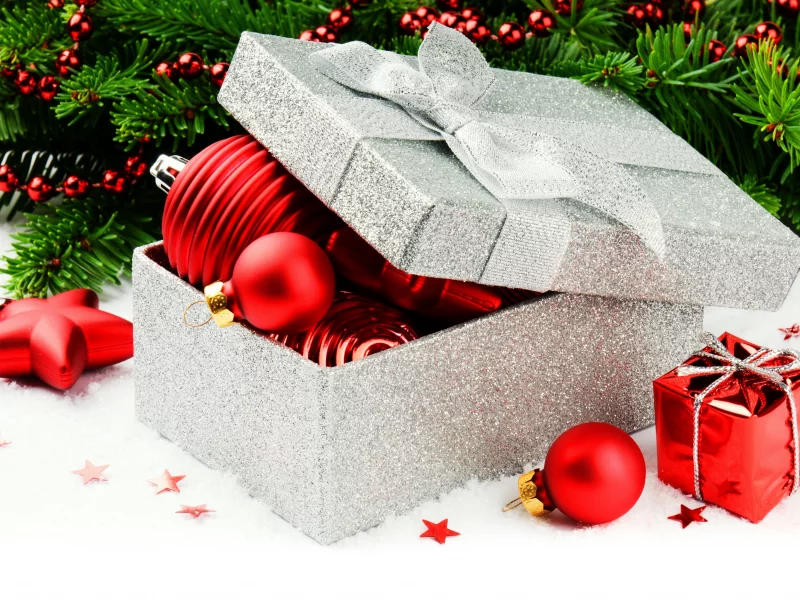 елка, шарики, красные, елочные, new year, коробка, Игрушки