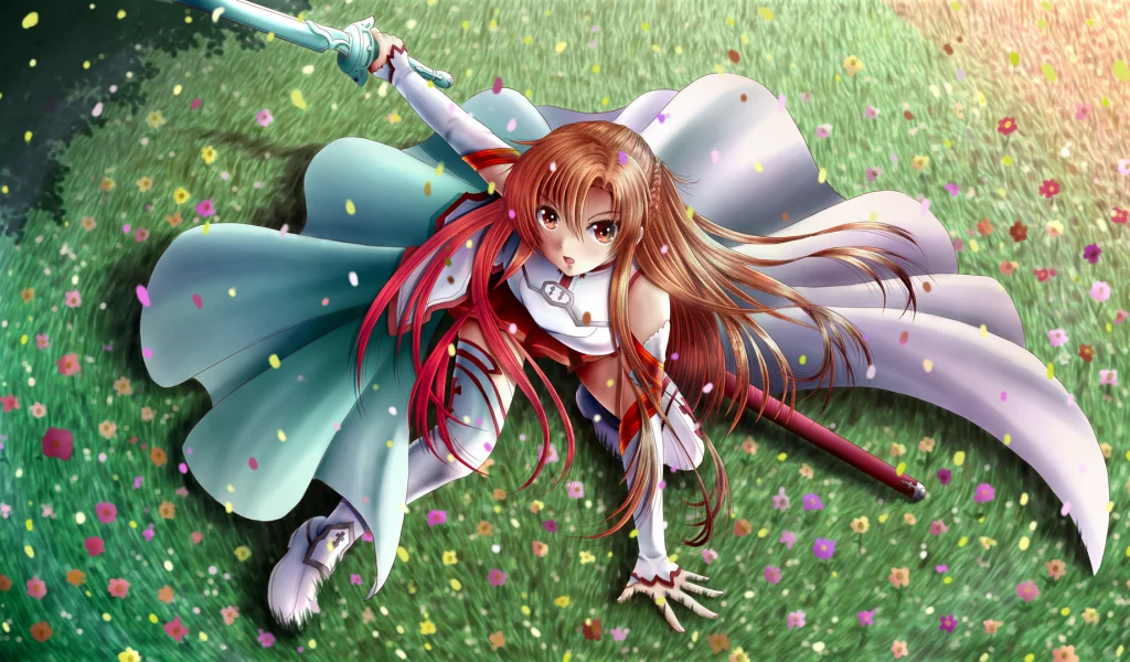 цветы, Арт, ilolamai, asuna, трава, меч, девушка, sword art online