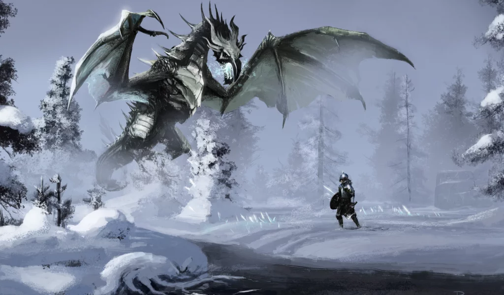 река, речка, лес, дракон, зима, skyrim, воин, магия, Арт, снег