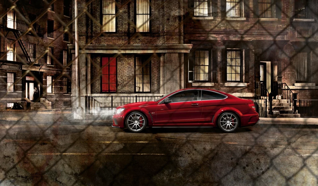 ночь, Mercedes benz c63, мерседес, amg, сетка, город