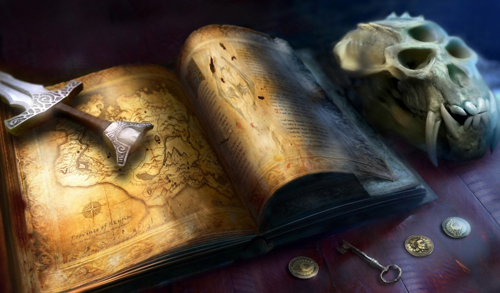 монеты, skyrim, череп, the elder scrolls, деньги, карта, книга, меч