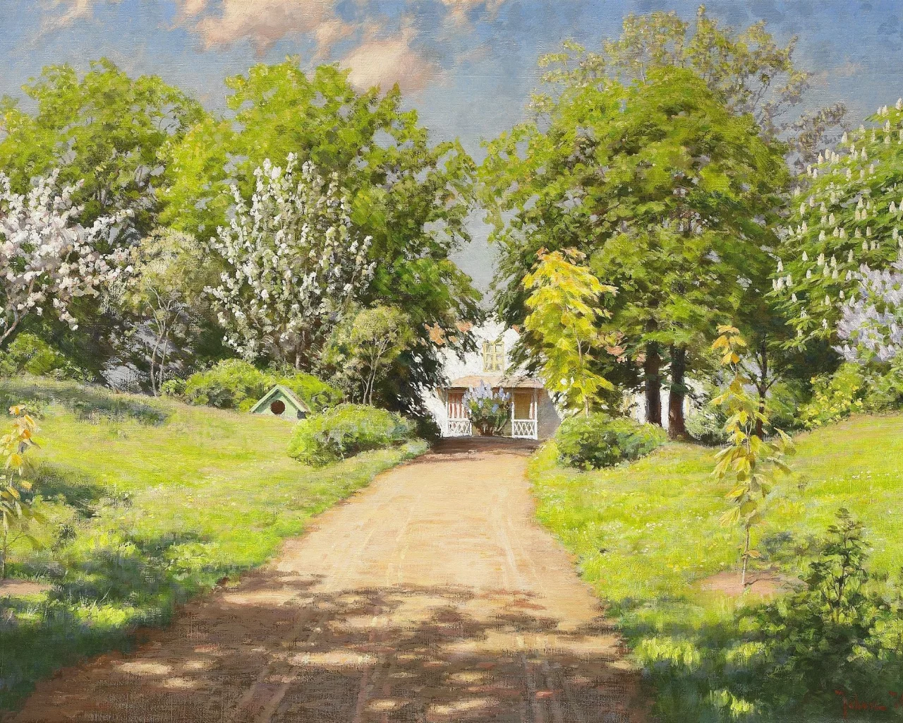 весна, дом, дорога, johan krouthen, пейзаж, дача, Картина
