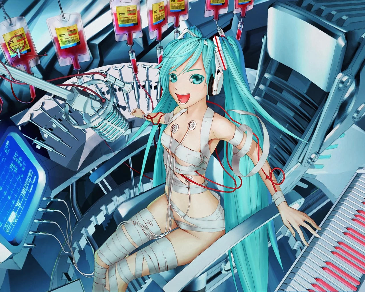 hatsune miku, кровь, вокалоид, пианино, девушка, vocaloid