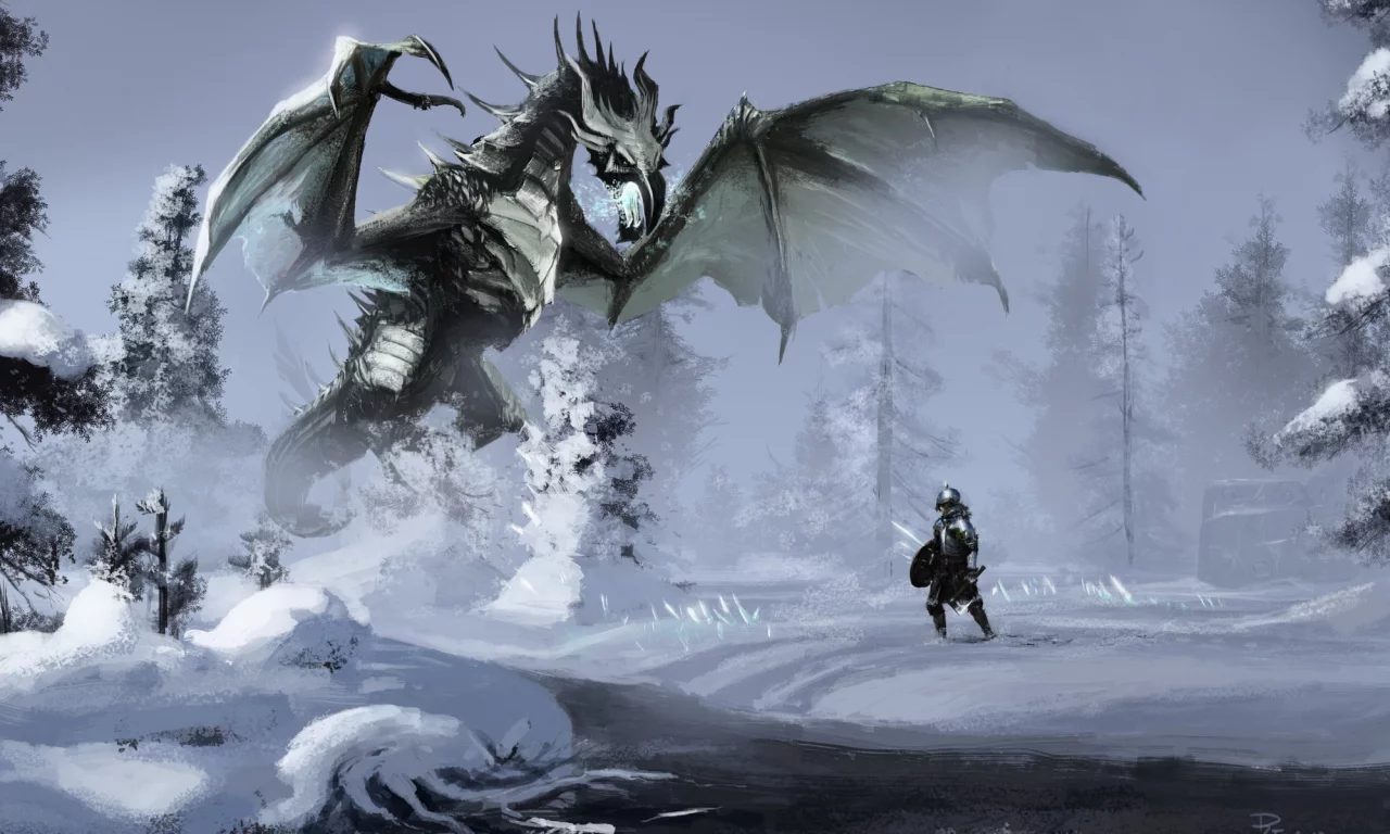 река, речка, лес, дракон, зима, skyrim, воин, магия, Арт, снег