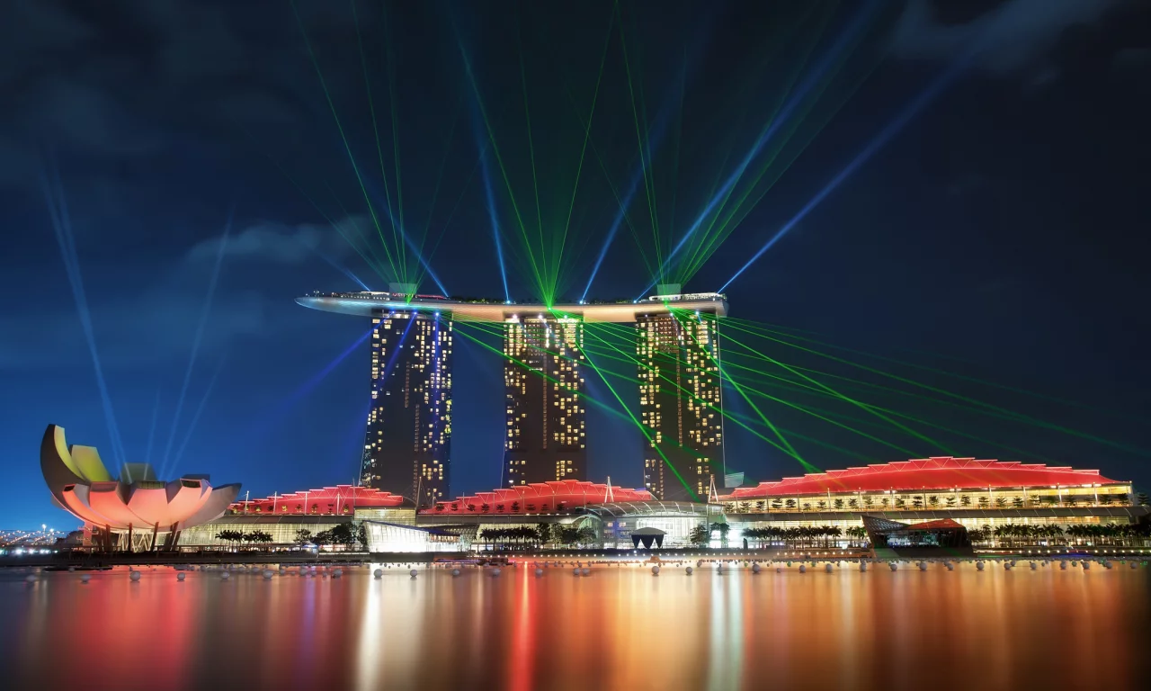 gardens by the bay, architecture, skyscrapers, night, sky, bay, lights, reflection, Singapore