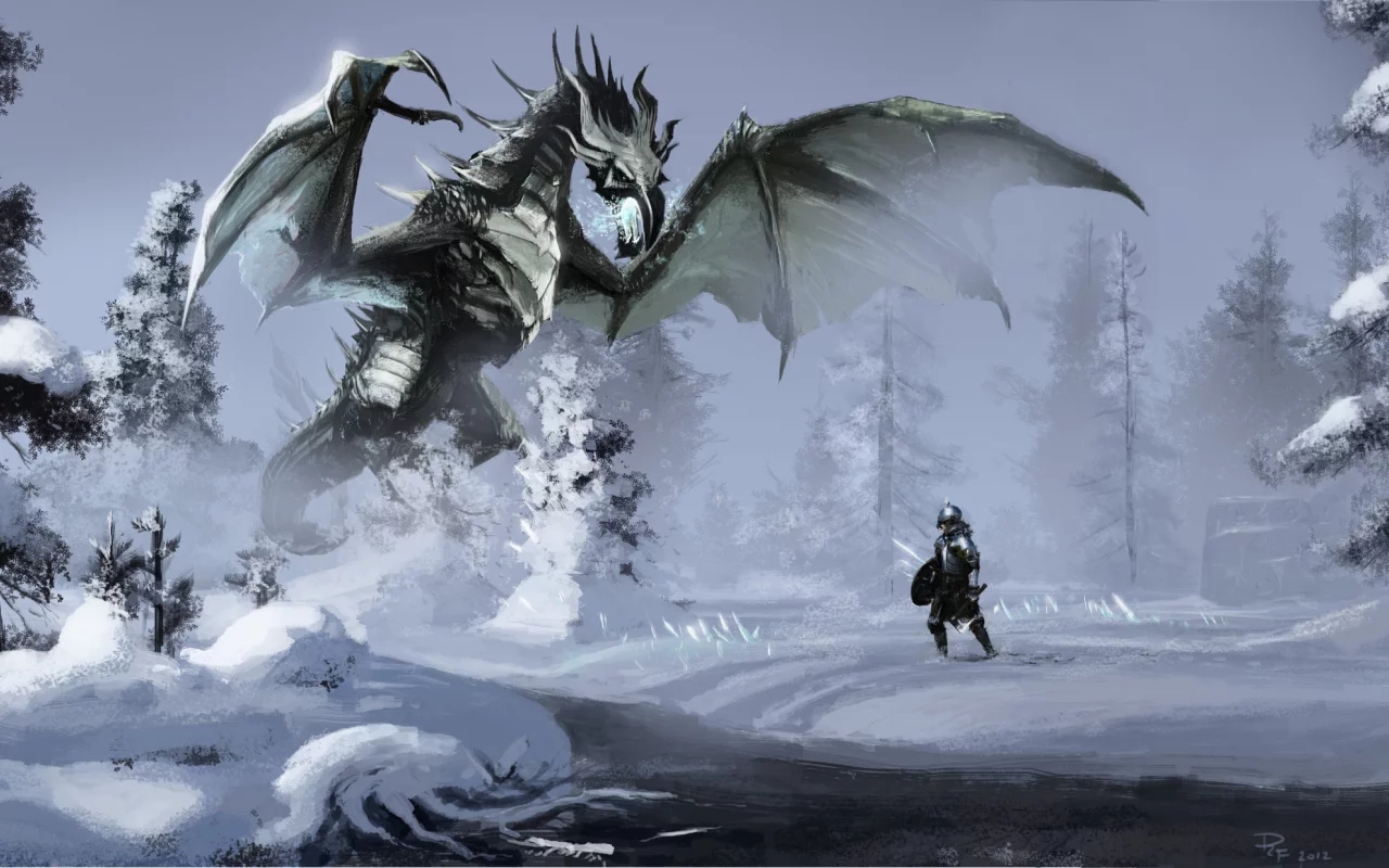 река, речка, лес, дракон, зима, skyrim, воин, магия, Арт, снег