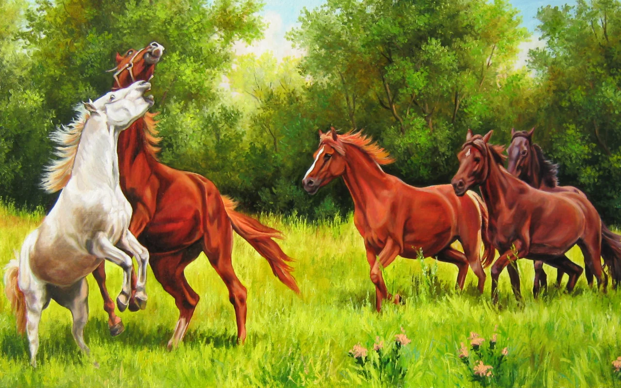 Елена самарская, лето, лес, живопись, кони игривые