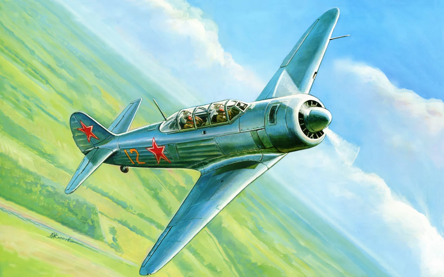 советский, рисунок, Арт, небо, як-11