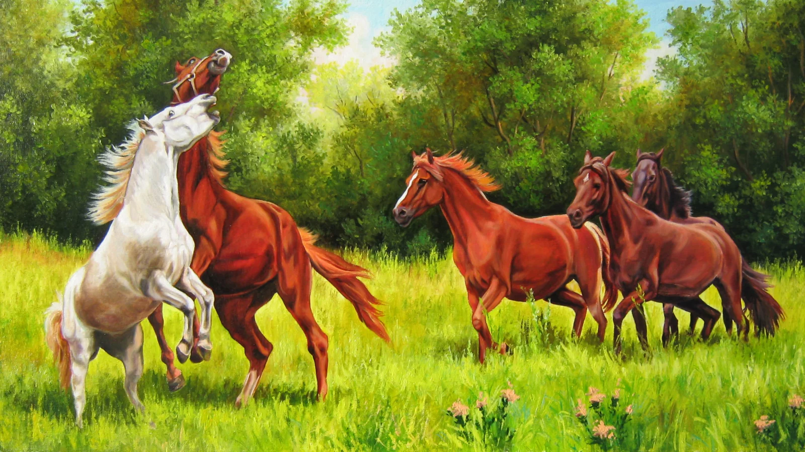 Елена самарская, лето, лес, живопись, кони игривые