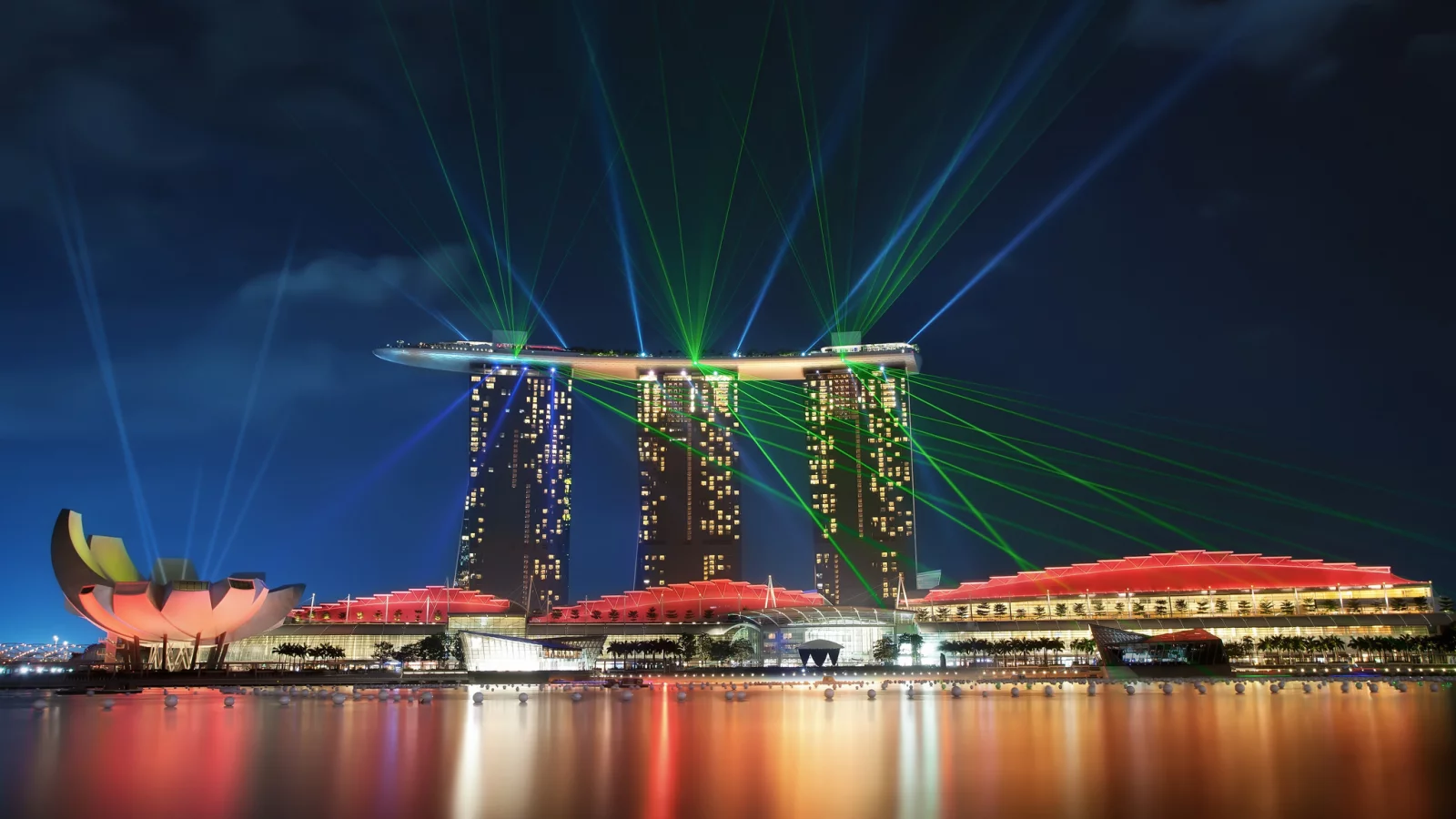 gardens by the bay, architecture, skyscrapers, night, sky, bay, lights, reflection, Singapore