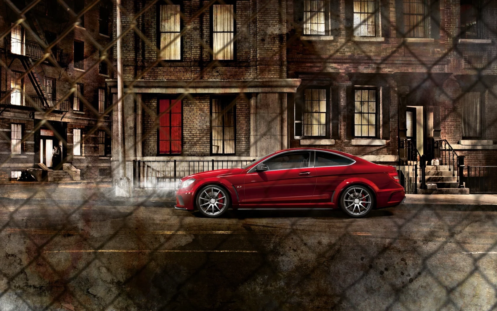 ночь, Mercedes benz c63, мерседес, amg, сетка, город