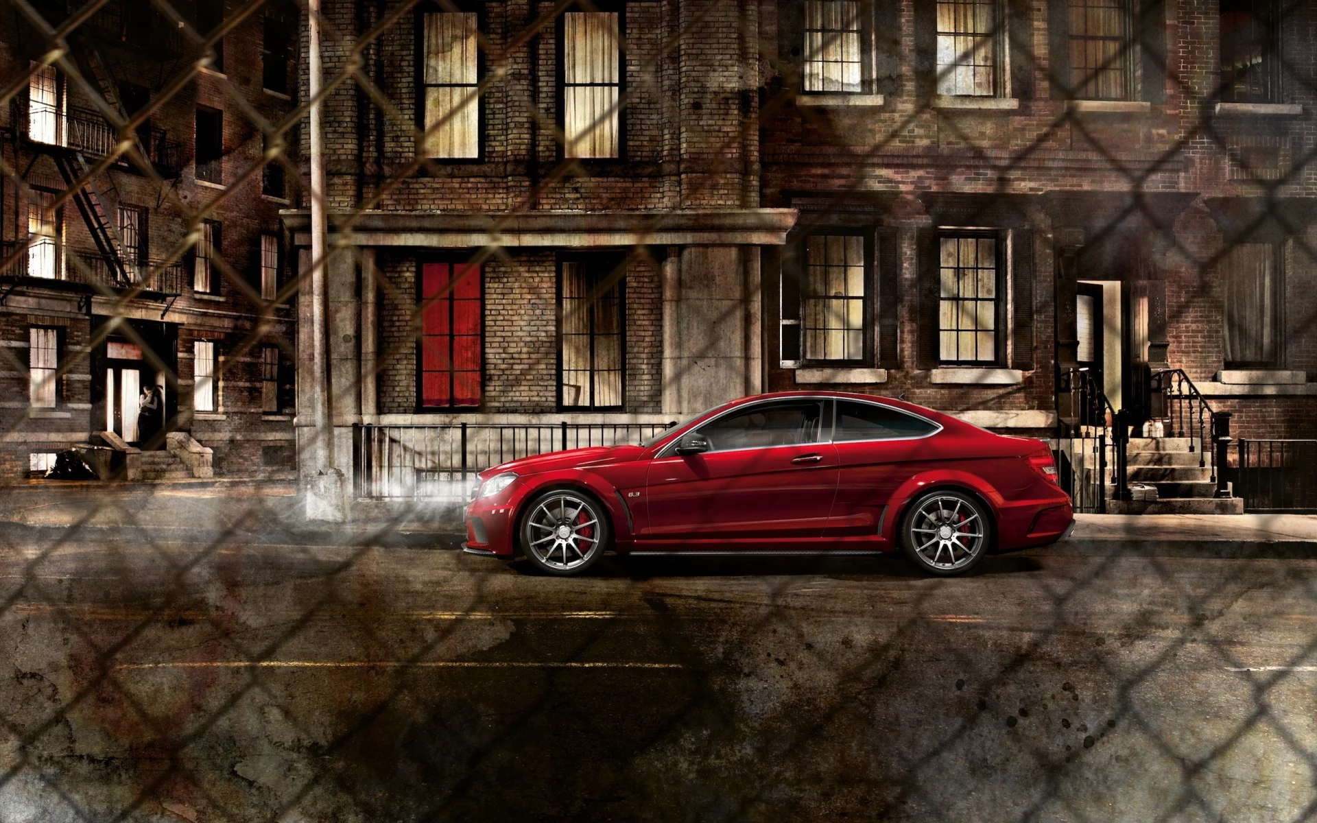 ночь, Mercedes benz c63, мерседес, amg, сетка, город