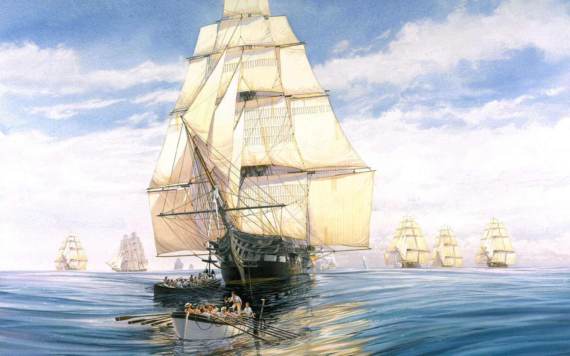 флот, парусников, впреди, Арт, painting, идущий, эскадра