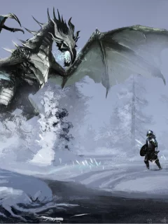 река, речка, лес, дракон, зима, skyrim, воин, магия, Арт, снег