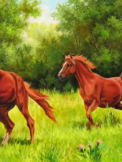 Елена самарская, лето, лес, живопись, кони игривые