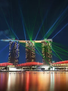 gardens by the bay, architecture, skyscrapers, night, sky, bay, lights, reflection, Singapore