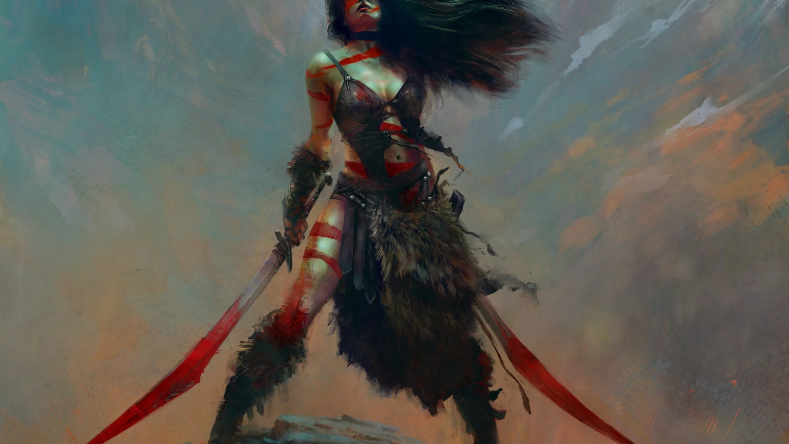 maciej kuciara, Арт, камень, фэнтези, скала, девушка, оружие