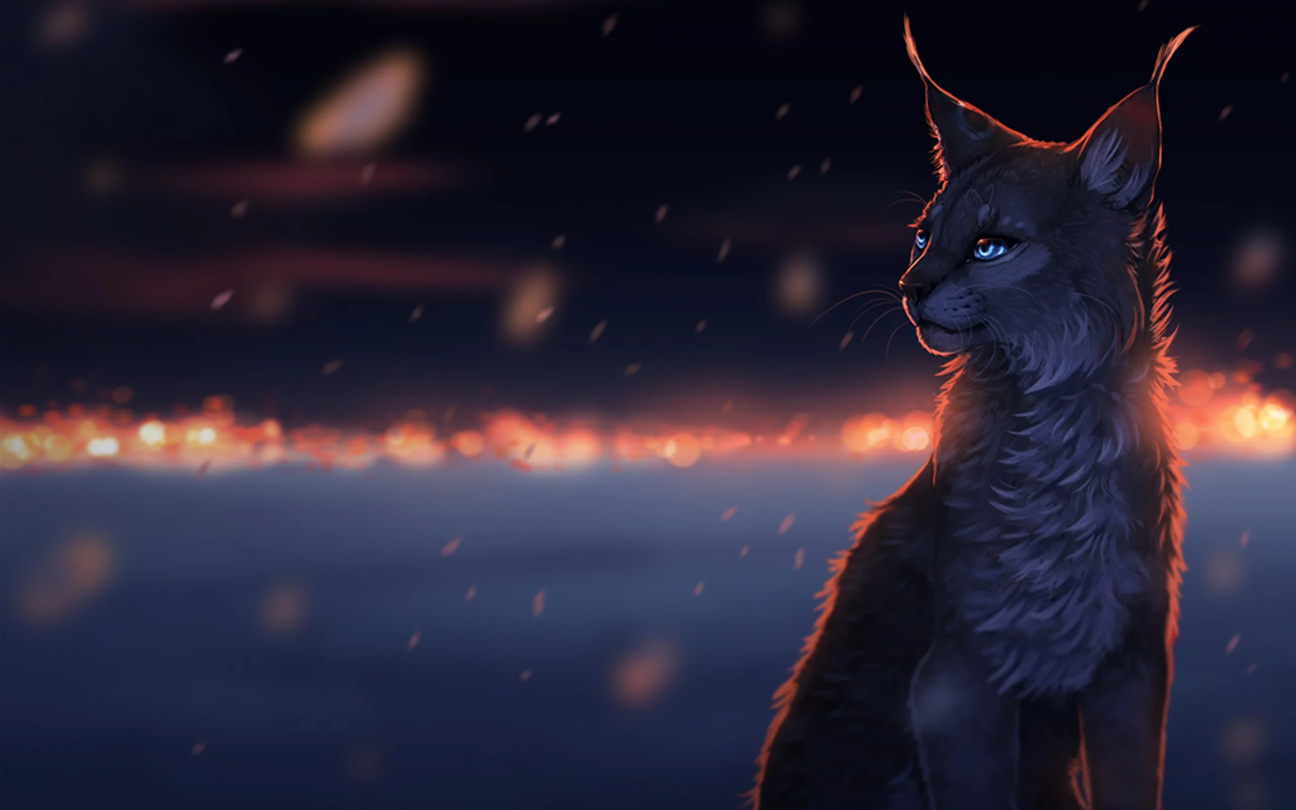cat, dreams, рысь, огни, Art, снег, ночь, темнота, snow, sorrow