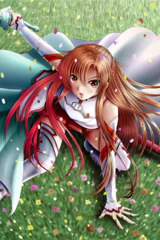 цветы, Арт, ilolamai, asuna, трава, меч, девушка, sword art online