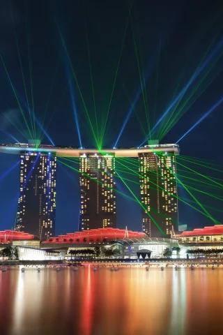 gardens by the bay, architecture, skyscrapers, night, sky, bay, lights, reflection, Singapore