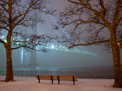 мост, река, парк, скамейка, ночь, туман, деревя, снег, зима