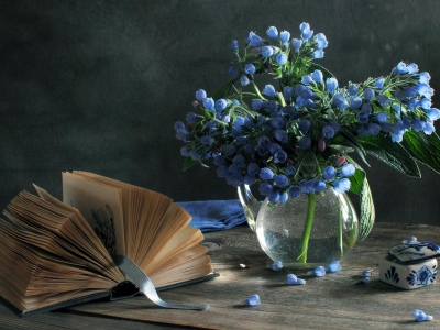 весенние, голубые, книга, Натюрморт, цветы, ваза