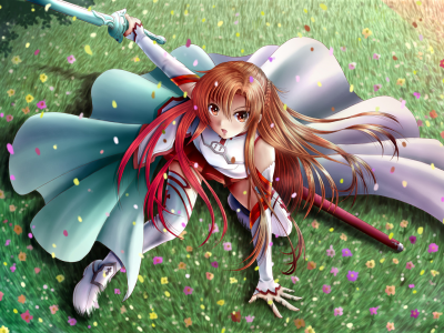 цветы, Арт, ilolamai, asuna, трава, меч, девушка, sword art online