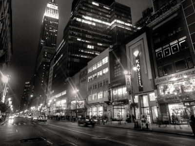taxi, New york, city, black and white, buildings, нью-йорк, lights, people, night