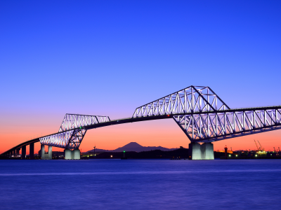мост, столица, залив, Япония, токио, вечер, оранжевый