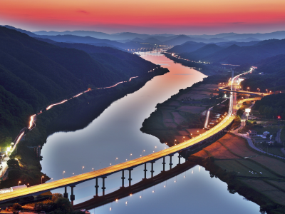 горы, мост, дороги, холмы, Корея, река