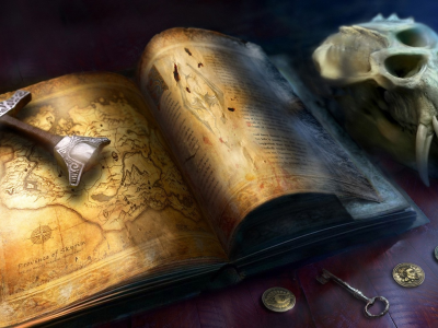 монеты, skyrim, череп, the elder scrolls, деньги, карта, книга, меч