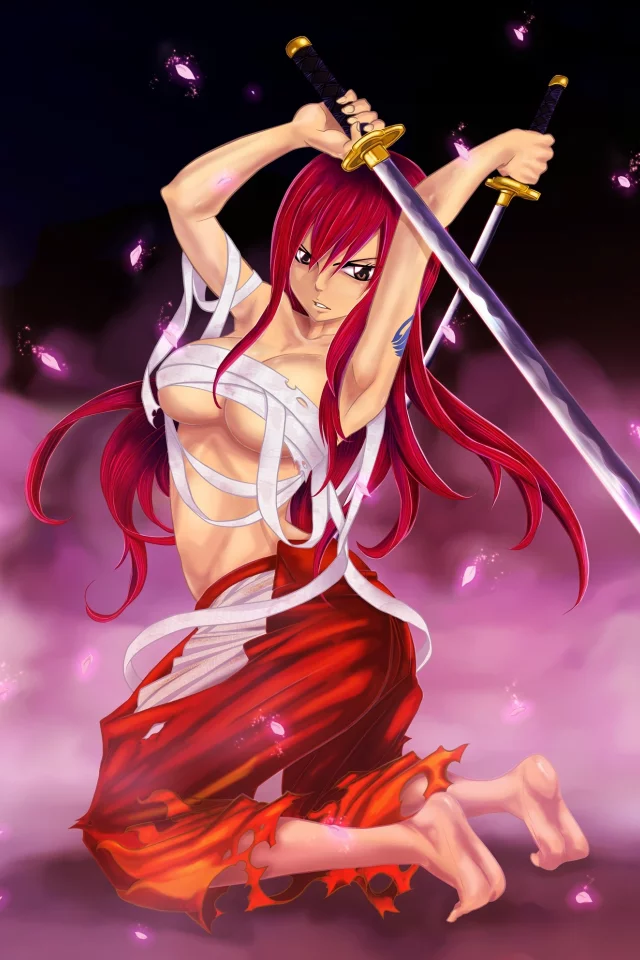 фон, бинты, erza scarlet, fairy tail, Арт, девушка, d-prodigy, оружие