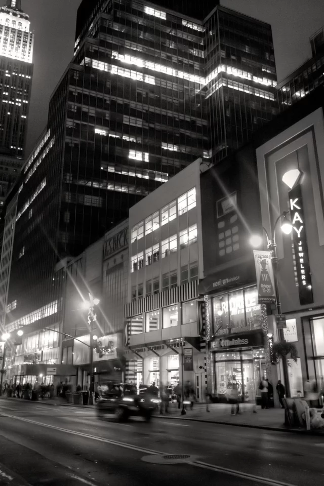 taxi, New york, city, black and white, buildings, нью-йорк, lights, people, night