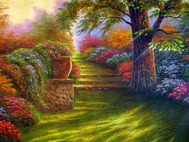 ступеньки, дорога, Живопись, цветы, сад, природа