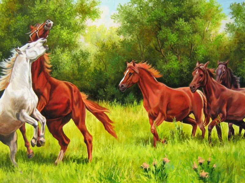Елена самарская, лето, лес, живопись, кони игривые