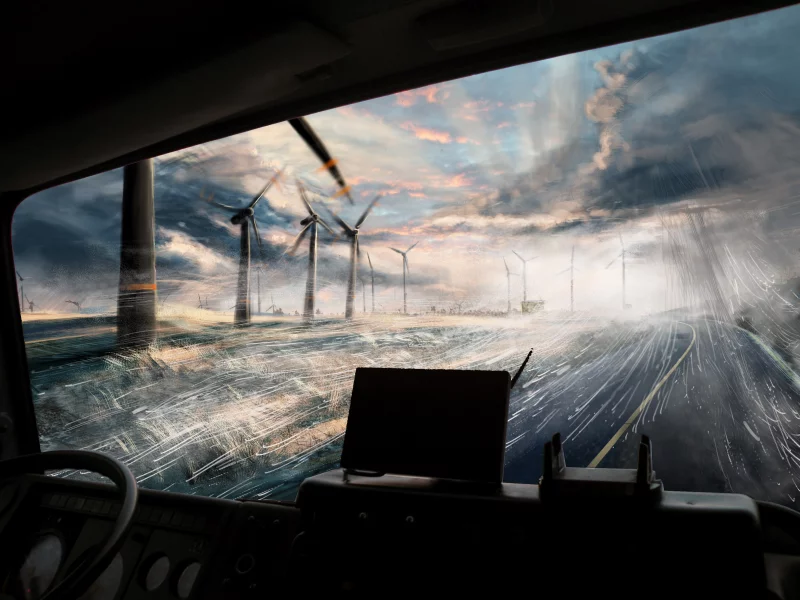 вид, арт, мельницы, дождь, Windscape, дорога
