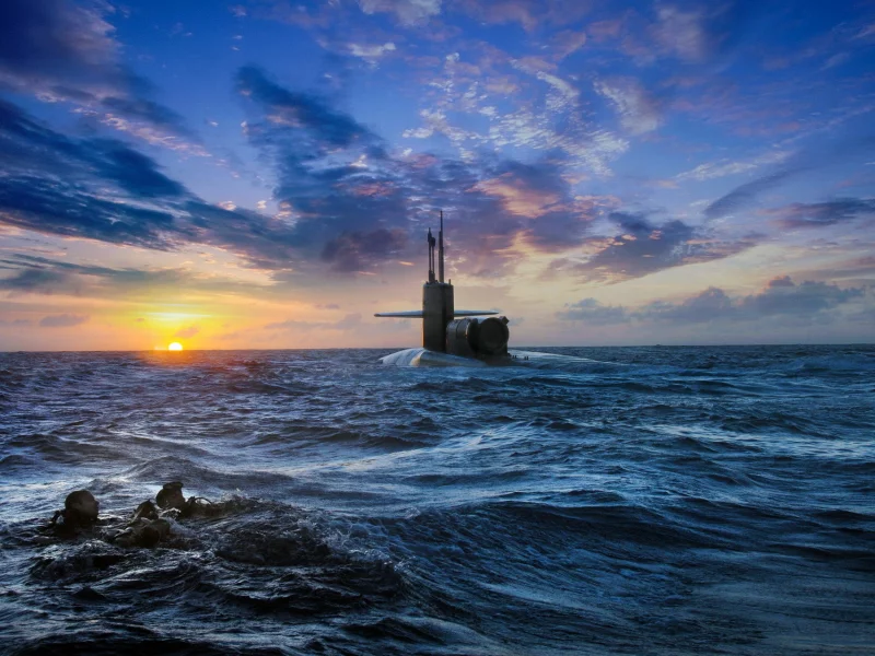 закат, аквалангисты, Подводная лодка, небо, море