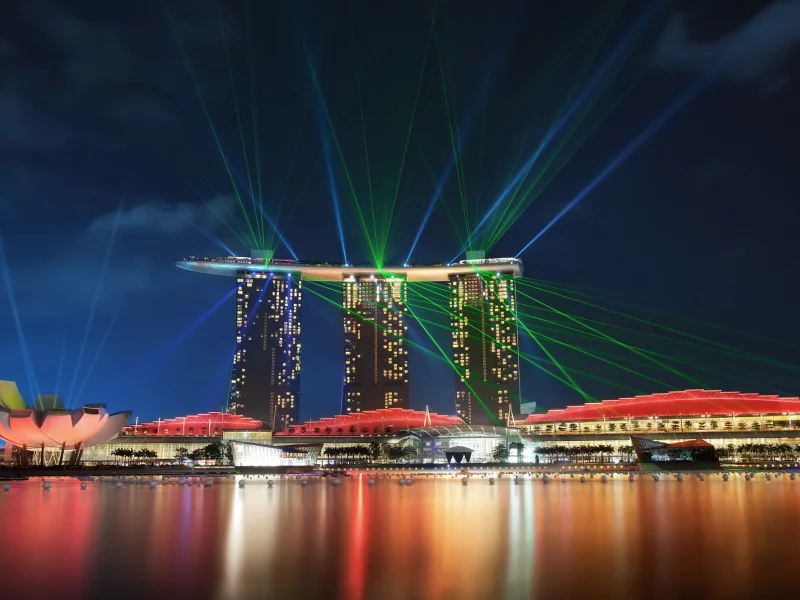 gardens by the bay, architecture, skyscrapers, night, sky, bay, lights, reflection, Singapore