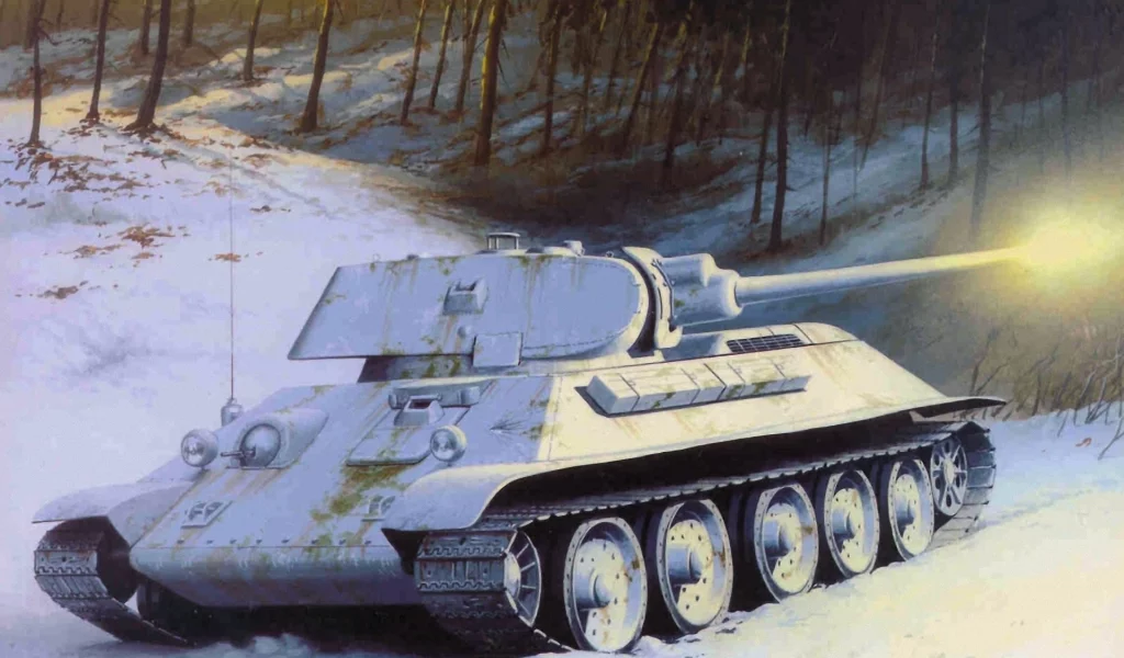 арт, зима, танк, деревья, советский, снег, средний, t-34-76