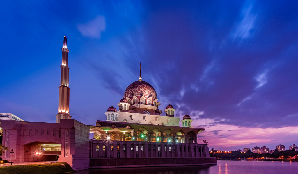 purple, mosque, малайзия, lights, evening, malaysia, clouds, strait, sunset, sky, putrajaya