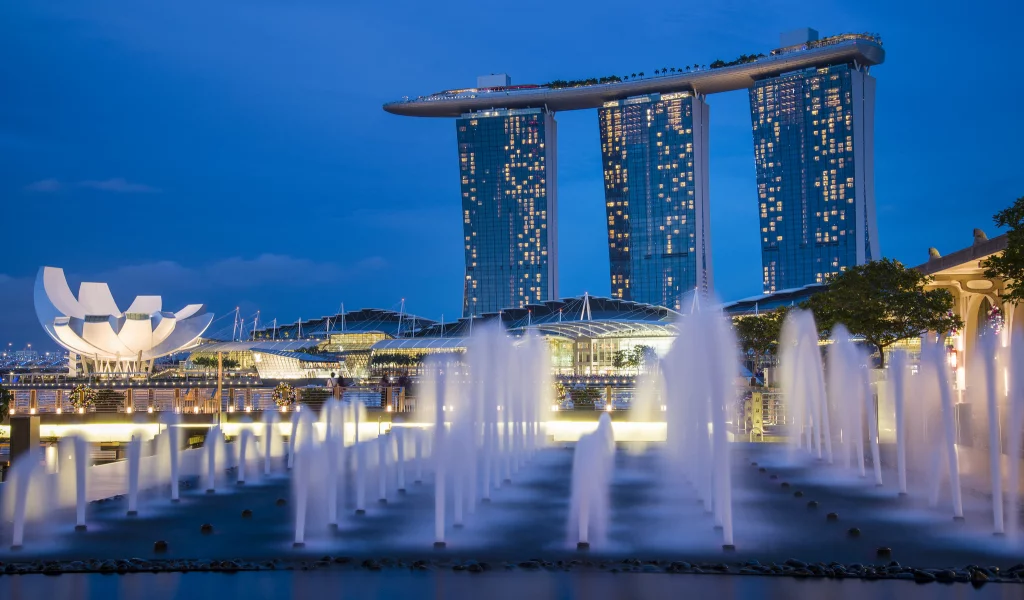 sky, singapore, lights, night, architecture, skyscrapers, blue, gardens by the bay, fountains
